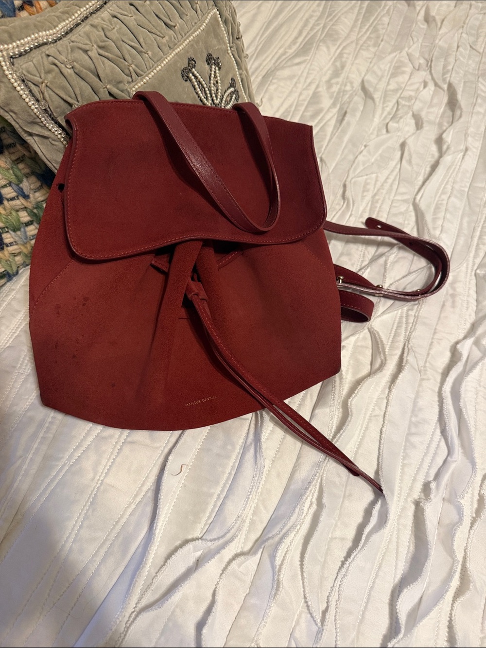 EUC Mansur Gavriel Maroon Suede Leather Drawstring Crossbody